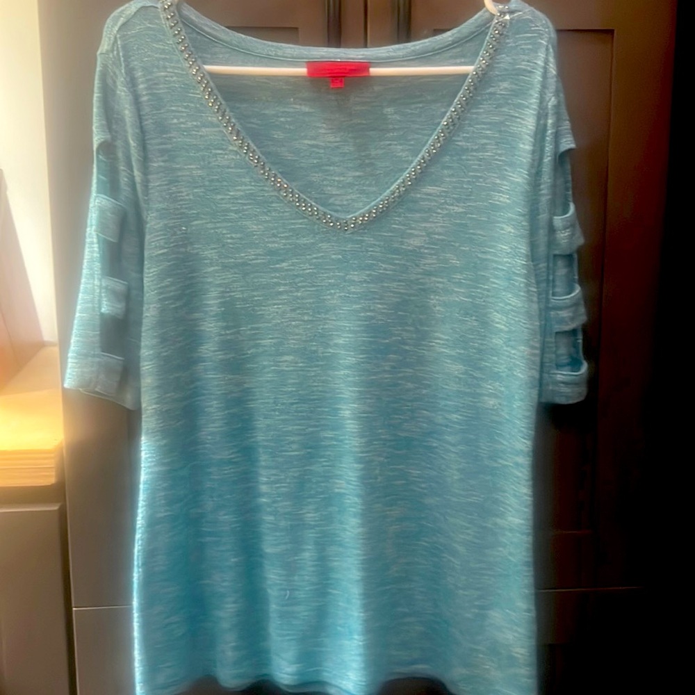 Jennifer Lopez medium sweater with sequins V-neck and cut out arms teal green